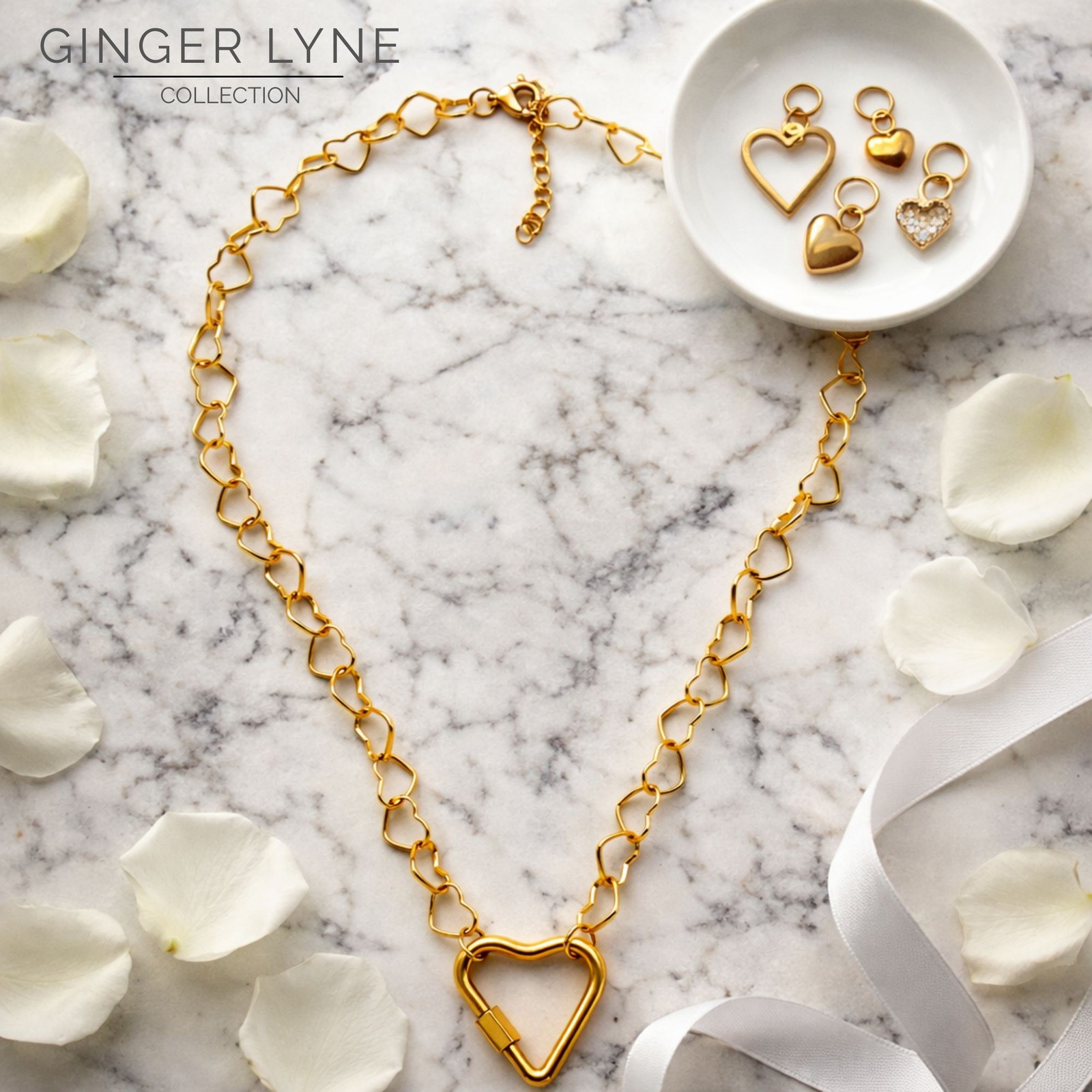 Carabiner Charm Holder Necklace for Women by Ginger Lyne Heart Link Chain 18K…