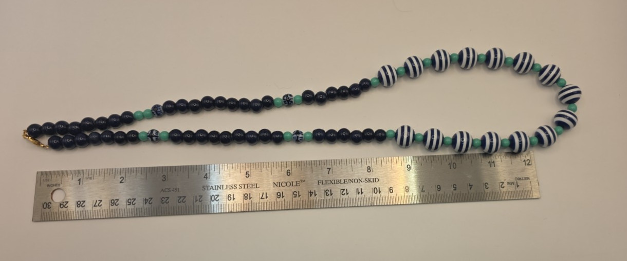 Beaded Necklace Navy Blue White and Teal Beads Handmade