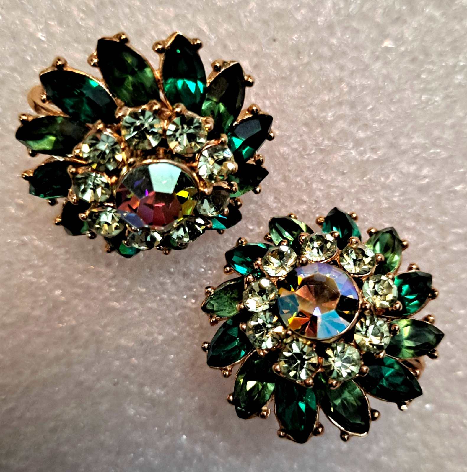 Trifari Rich Green Ira Desert Rhinestone & Aurora Borealis Clip Earrings