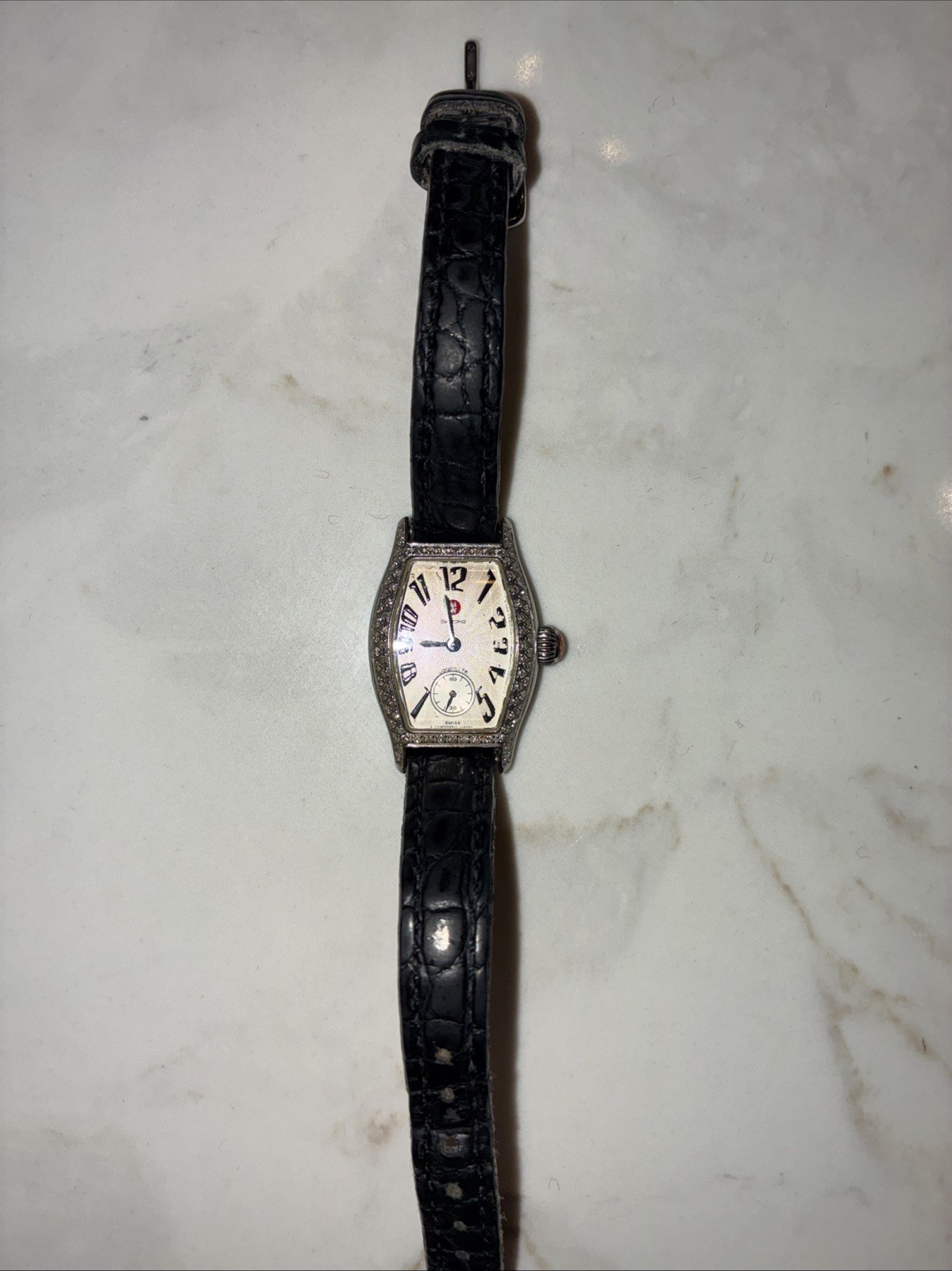 Michele Mini Urban Diamond Watch With Black Leather Band in Excellent Cond.