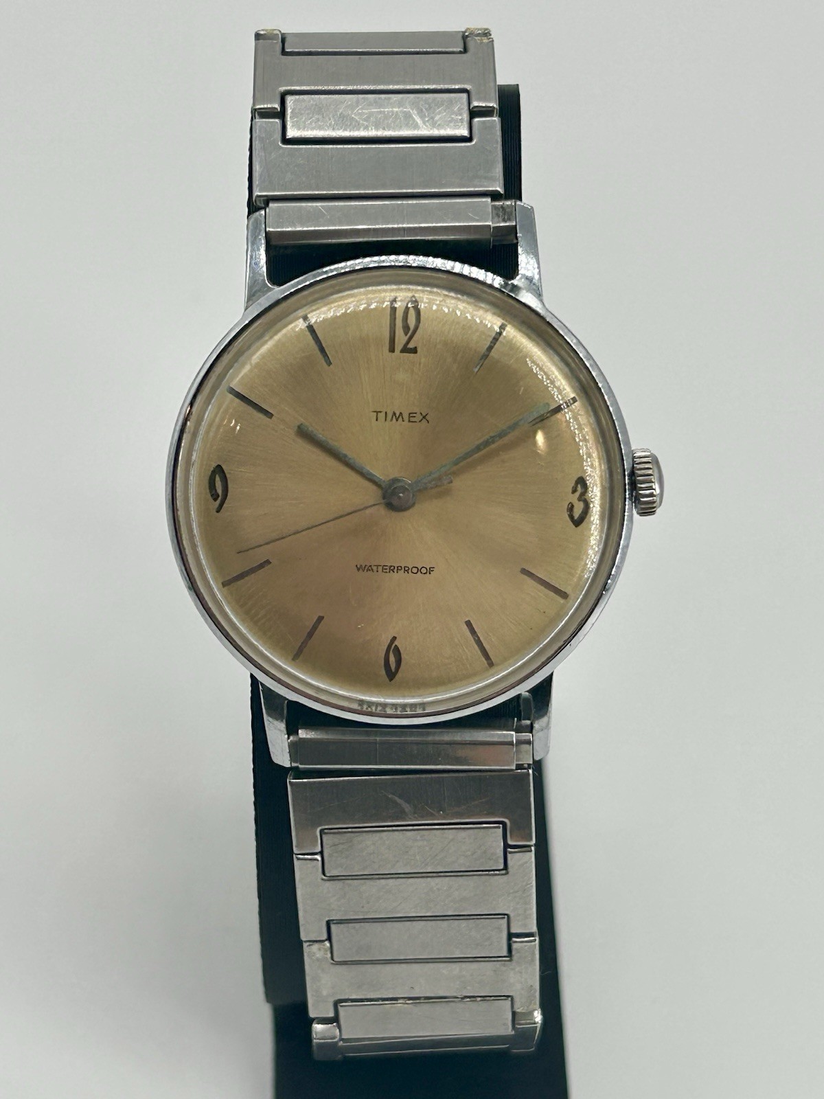 1963 Timex Vintage Mechanical Hand Wind 33mm Gold Sunburst Dial Runs Speidel USA
