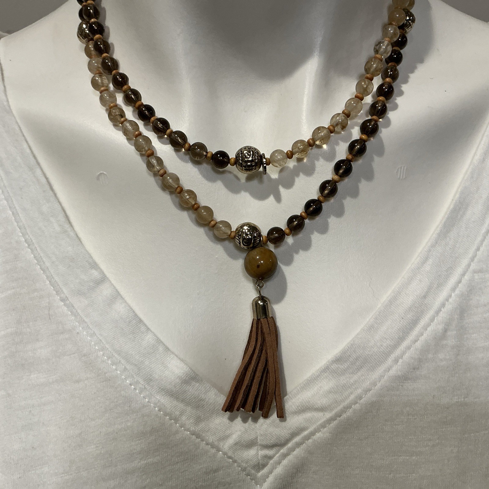 Marlyn Schiff Brown, Beige, Sage Natural Stone Necklace Faux Leather Tassel