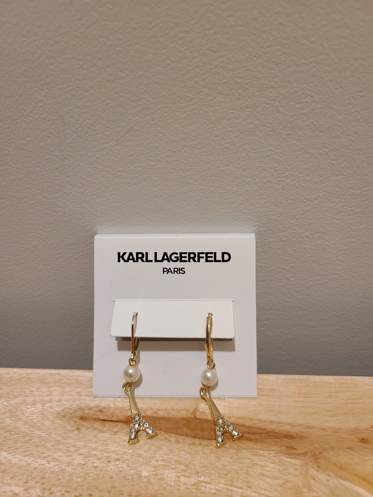 KARL LAGERFELD PARIS Eiffel Tower Earrings Drop/Dangle Faux Pearl NWT Gold-Tone