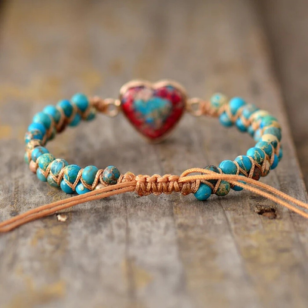 Jasper Stone Heart Charm Bracelet String Natural Bead Macrame Bracelet Anklet