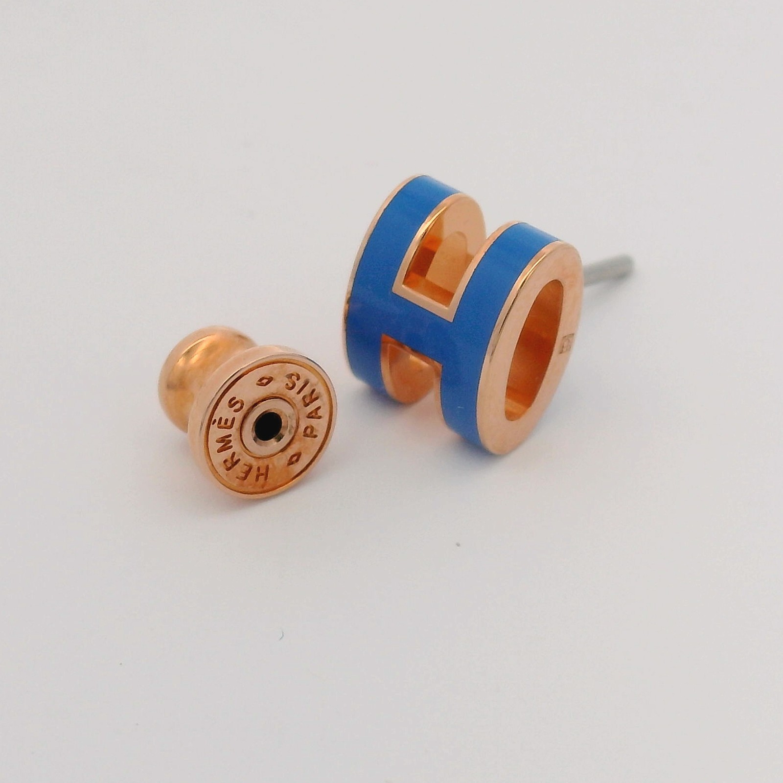 Hermes Mini Pop H Rose Gold Tone & Blue Enamel Earrings