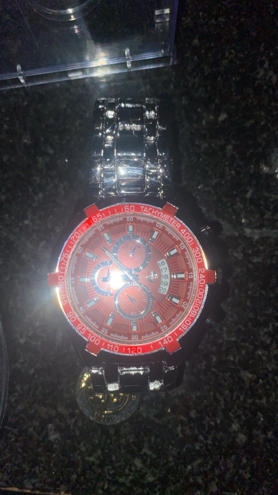 AJ USA Wristwatch Red Dial Silver Metal Bracelet Tachymeter Chronograph