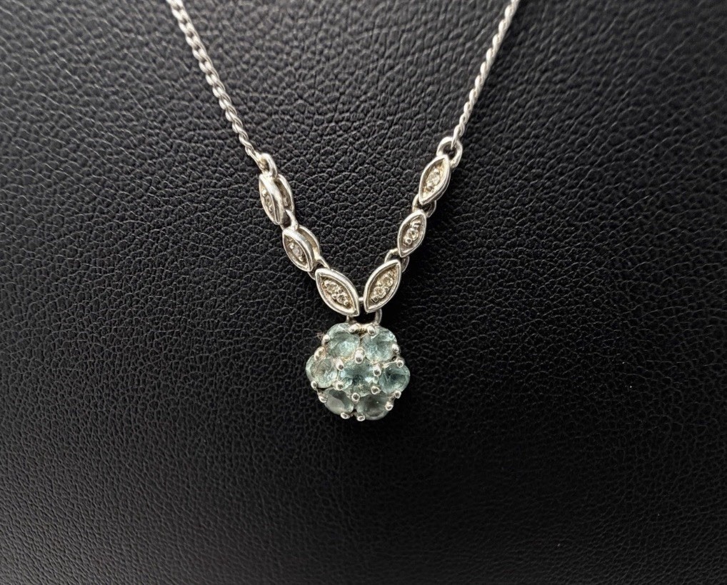 Sterling Silver Aqua Glass Cluster Necklace Ring Set Size 5.25 Gift 18.5 in