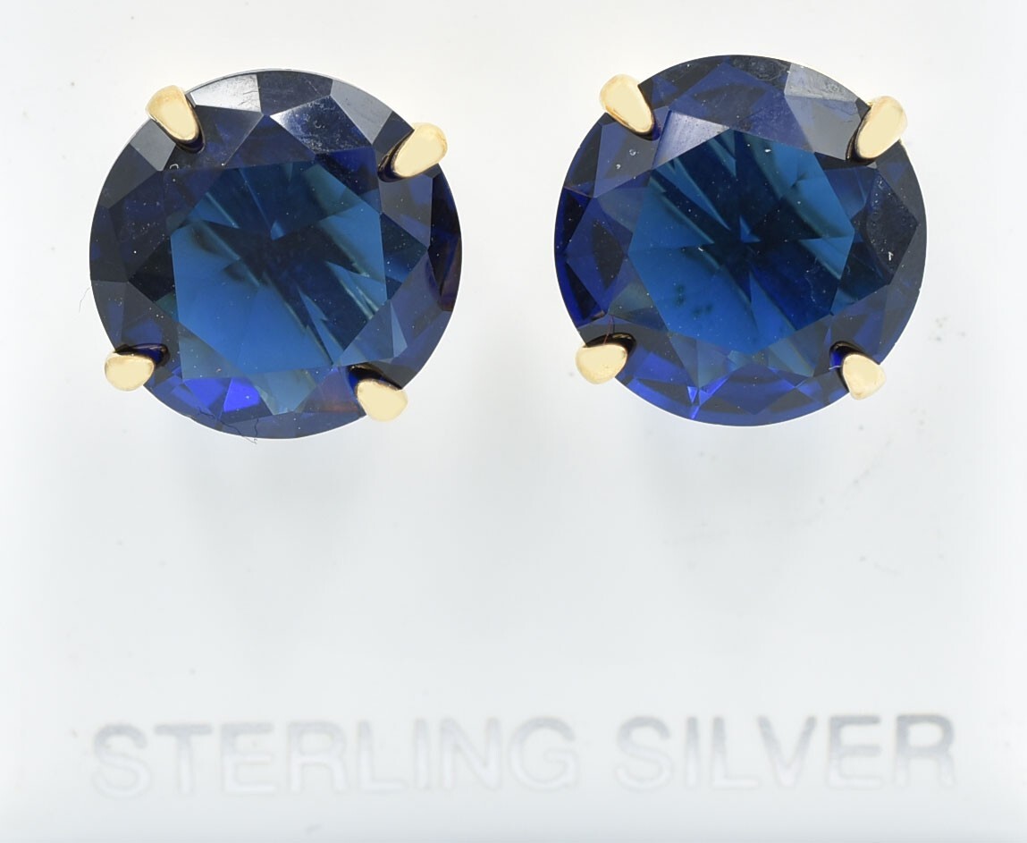 LAB CREATED 14.60 Cts BLUE SAPPHIRE STUD EARRINGS .925 Silver- MADE IN USA