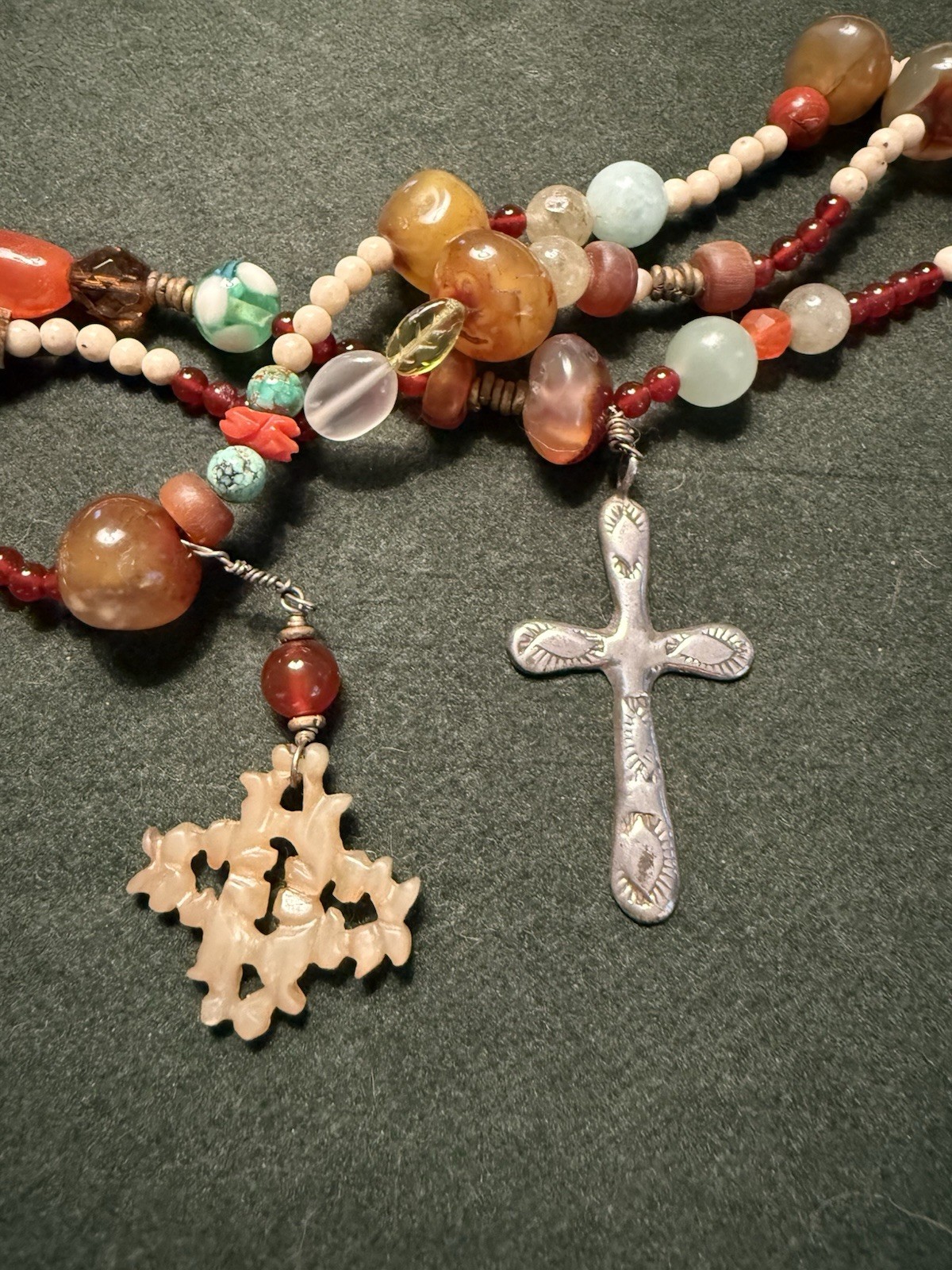 Southwestern Multicolor, 3 Strand Beaded Necklace with Crosses
