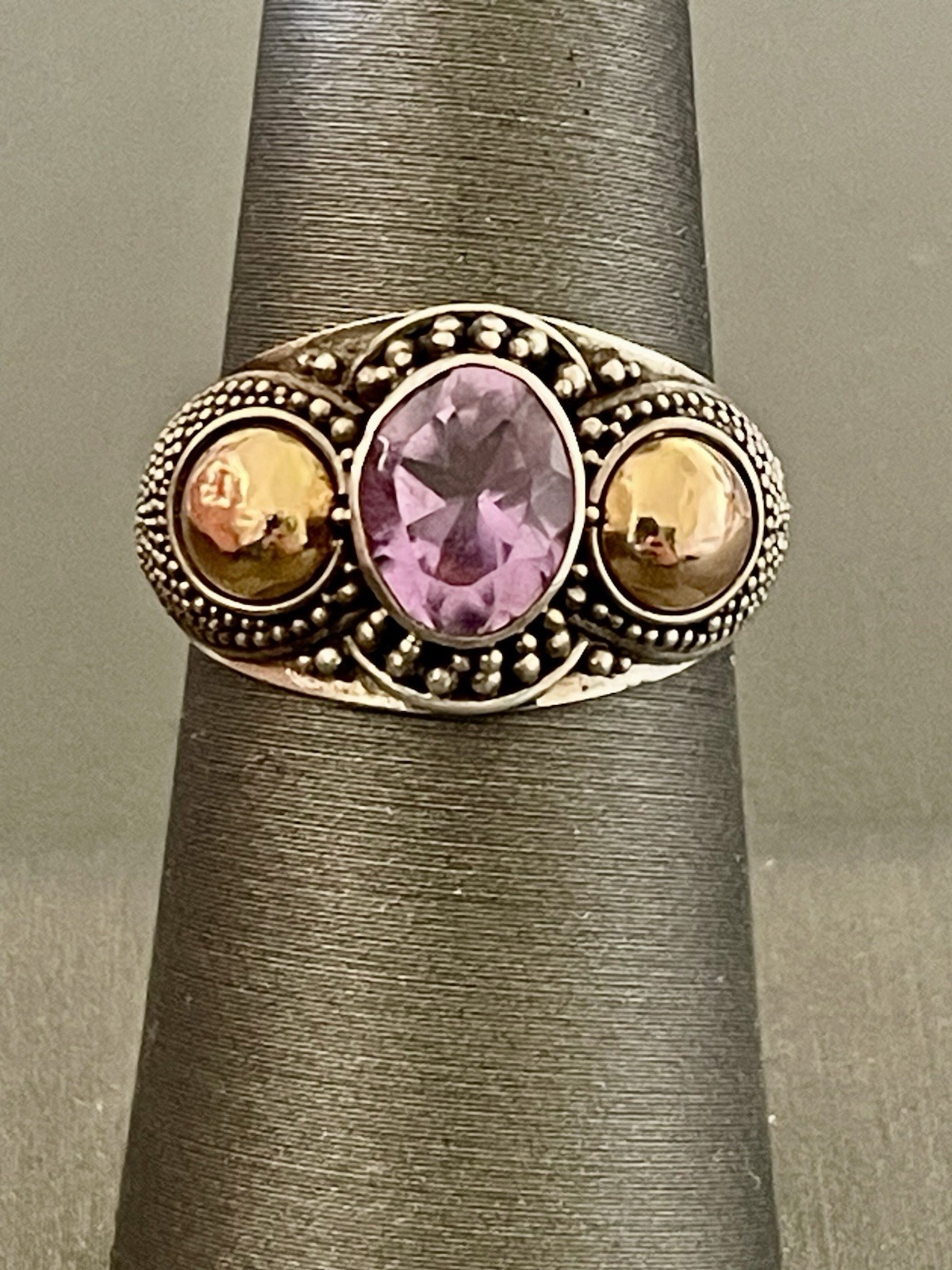 Vintage 925 Silver 18KT Yellow Gold 1.2CT Amethyst Ring (H12)
