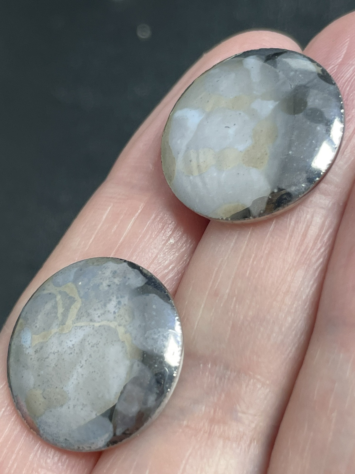 Vintage Ceramic Round Silver Enameled Earrings