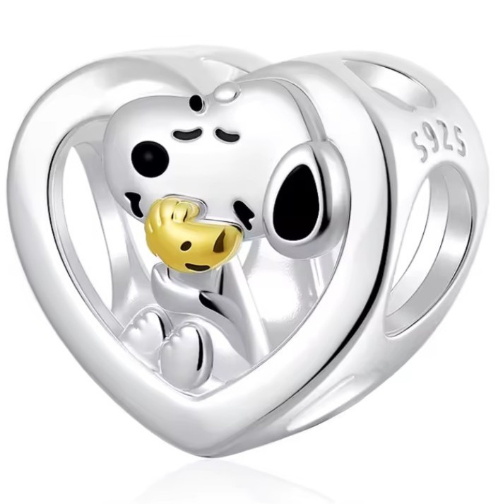 925 Sterling Silver Heart Snoopy Bead Charm, Signed, No Stone, Cartoon Theme