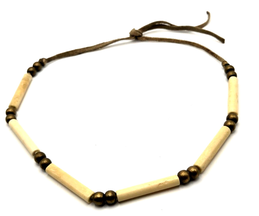 Vintage Native Southwestern Bone Hair Pipe Necklace Brass Beads 20″ Leather Cord