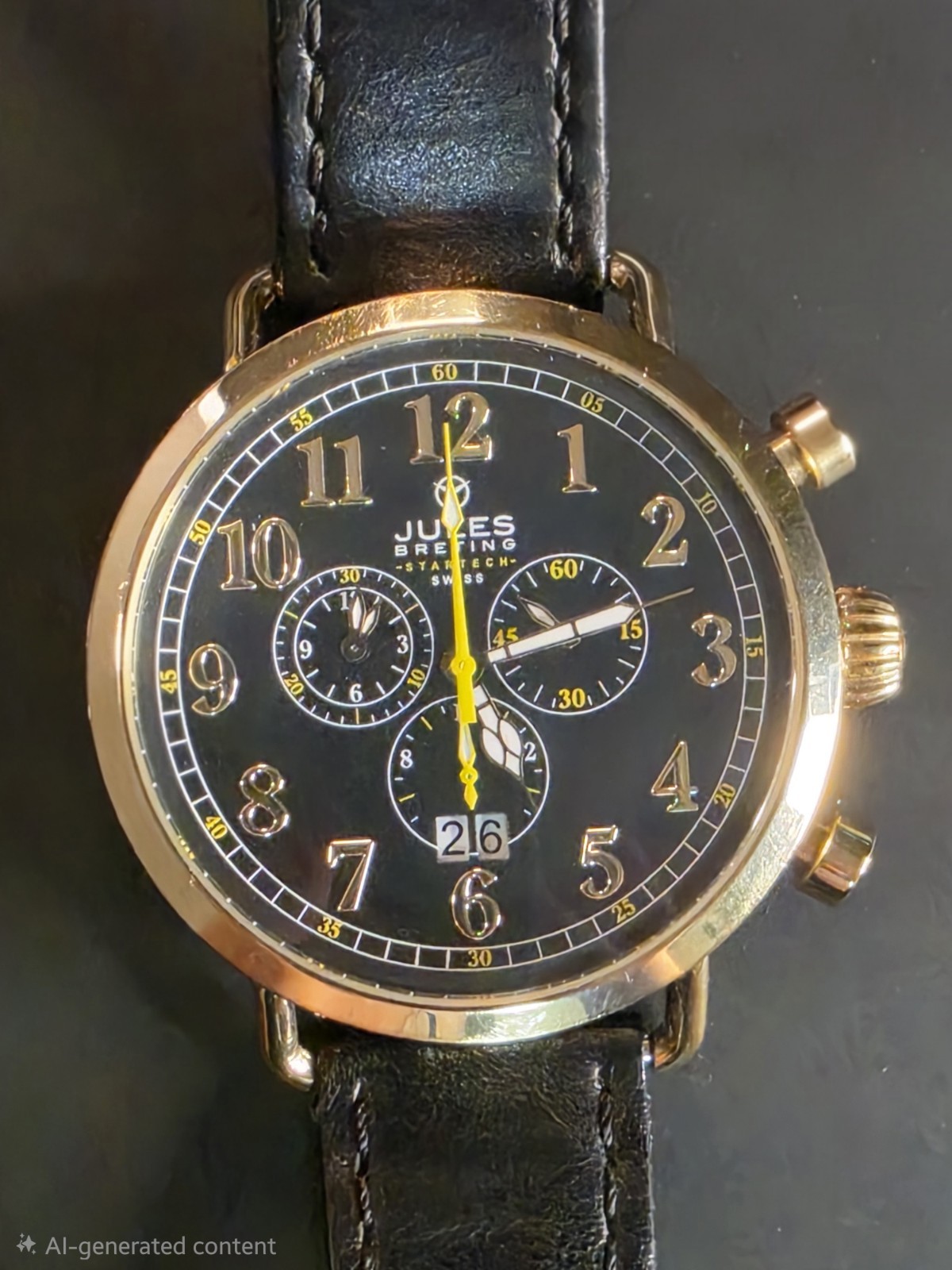 Jules Breting Quartz Chronograph Date 10 ATM Black Dial Gold Case 47mm