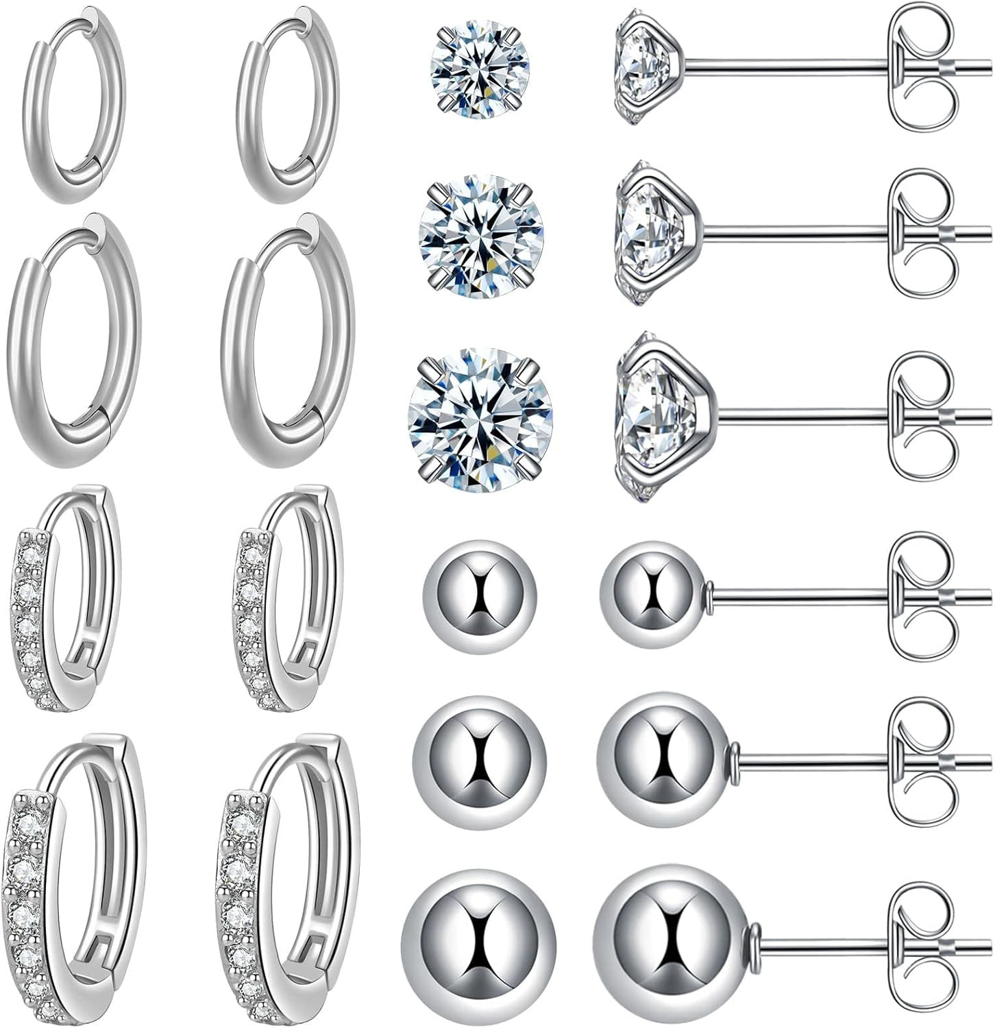 Surgical Steel Small Huggie Hoop CZ Stud Earrings Set for Women