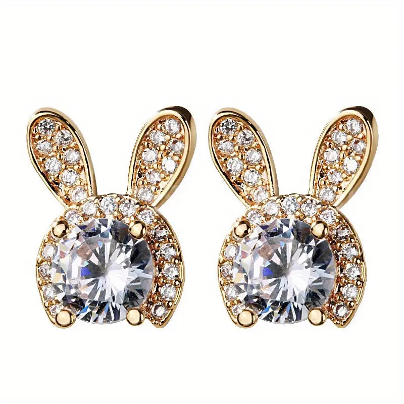 1ct Round Cut Moissanite Bunny Cat Halo Stud Earrings 14K Yellow Gold Plated