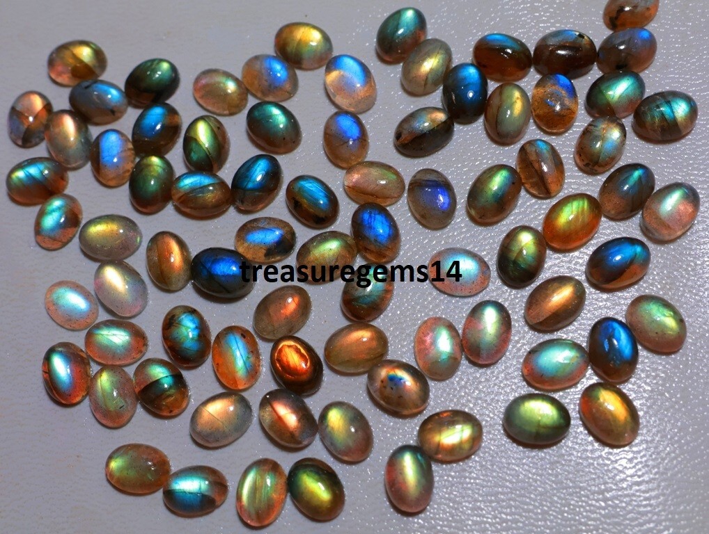 150 CT WHOLESALE LOT NATURAL MULTI FIRE LABRADORITE 7X9 mm OVAL CABOCHON