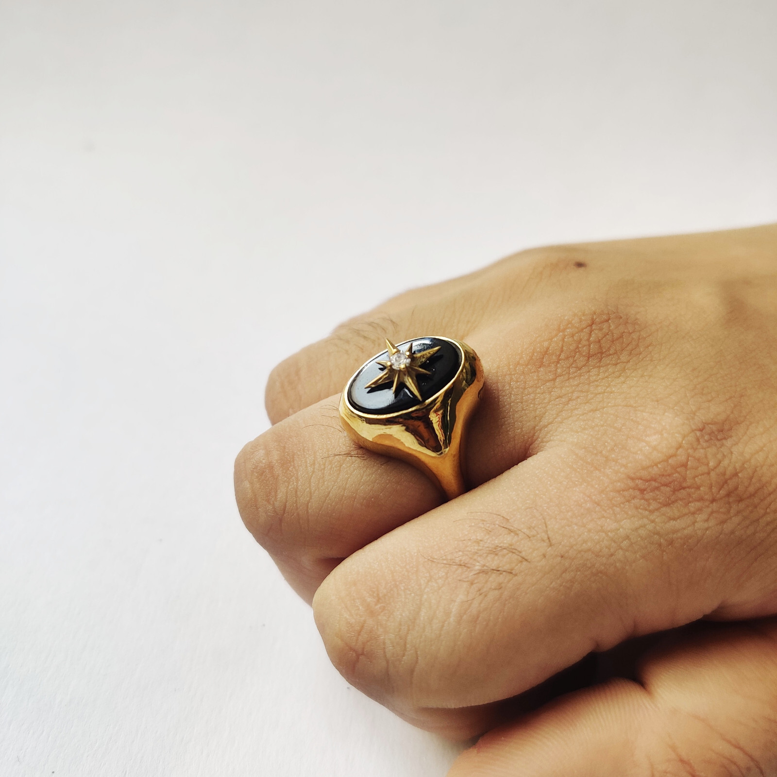 Silver Natural Black Onyx Gold plated Antique Vintage Handmade Ring Size 7 H-18