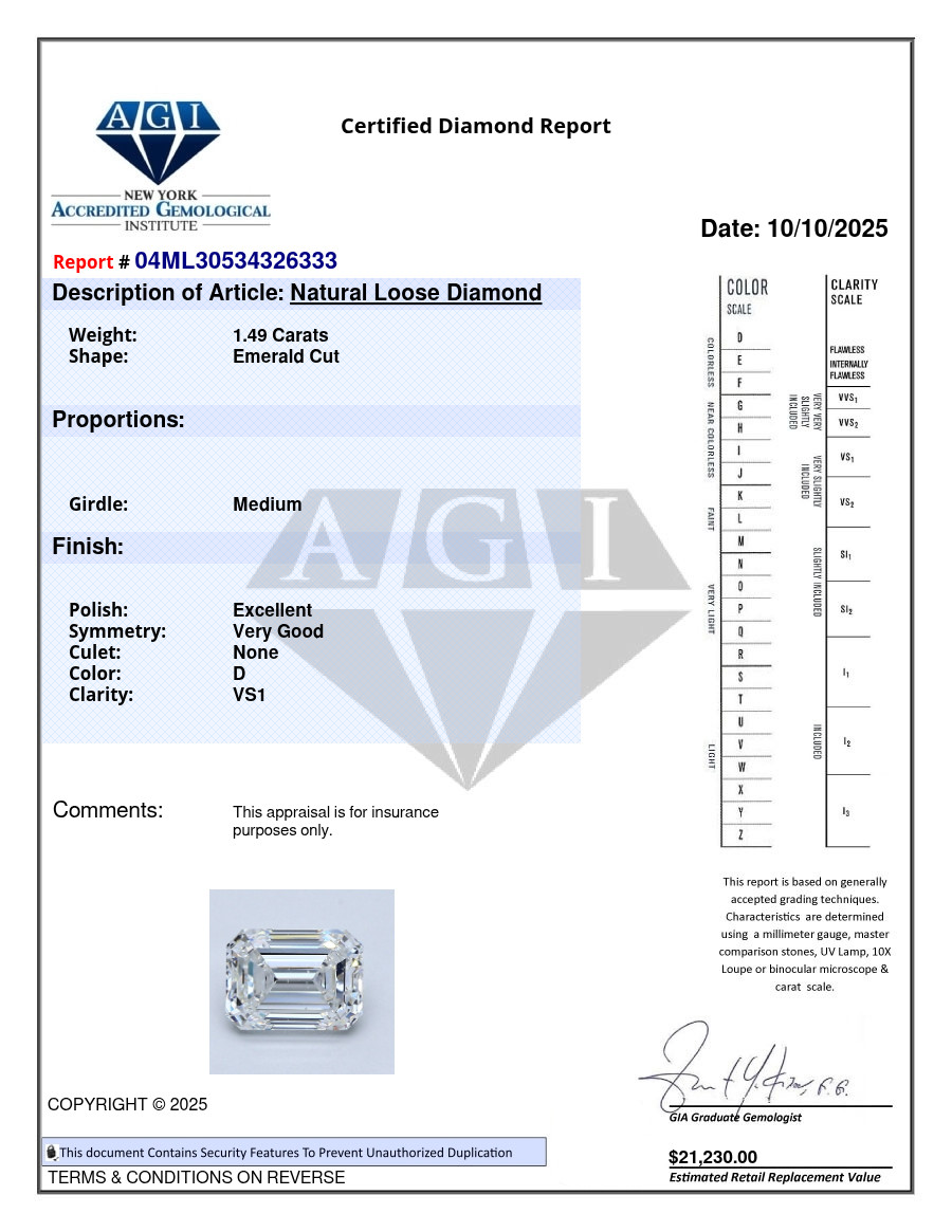 Natural Mined Diamond 1.49 CT Cert. AGI Emerald Cut Loose D color VS1 clarity