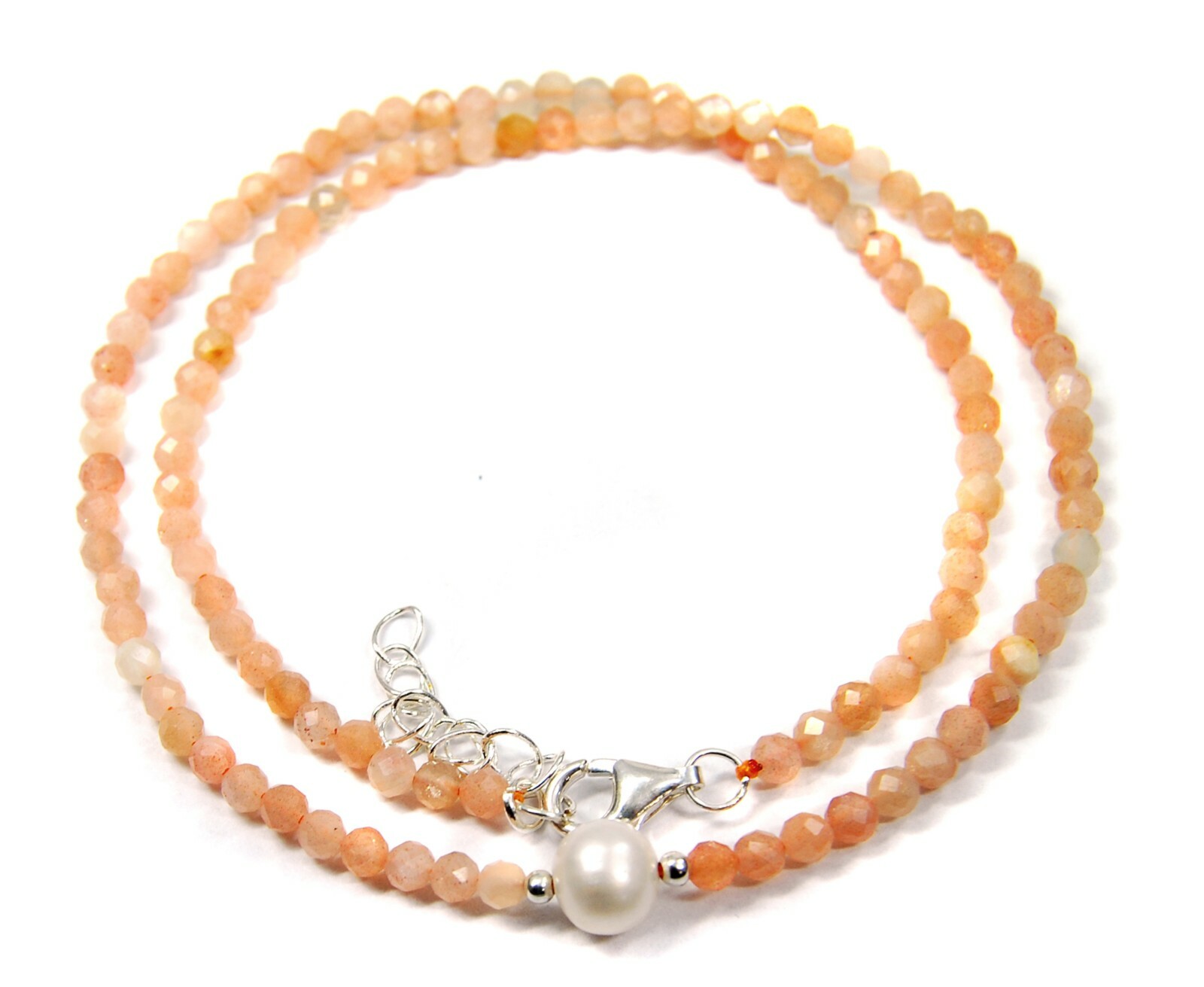 Healing Stone Sunstone Necklace 925 Silver Faceted Ø3mm with Freshwater Pearl