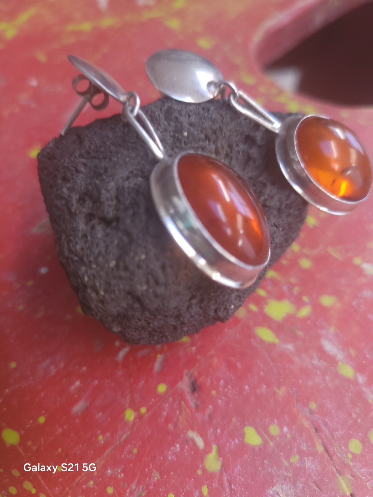 Susan Cummings 2″ Pierced Earrings Modern Silver & Amber McClure’s Nashville Tn
