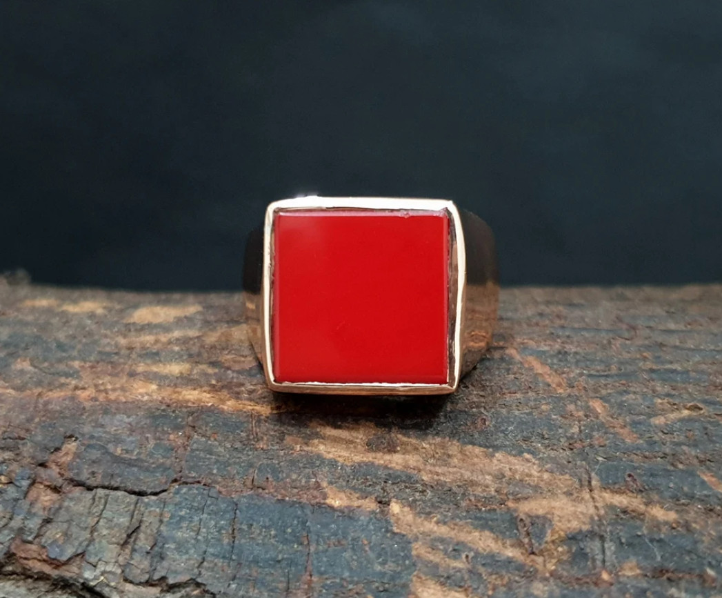 Rose Gold Red Coral Signet Men’s Ring 925 Sterling Silver Coral Jewelry For Boys