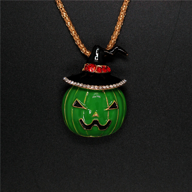 New Cute Crystal Enamel Green Pumpkin Halloween Fashion Women Pendant Necklace