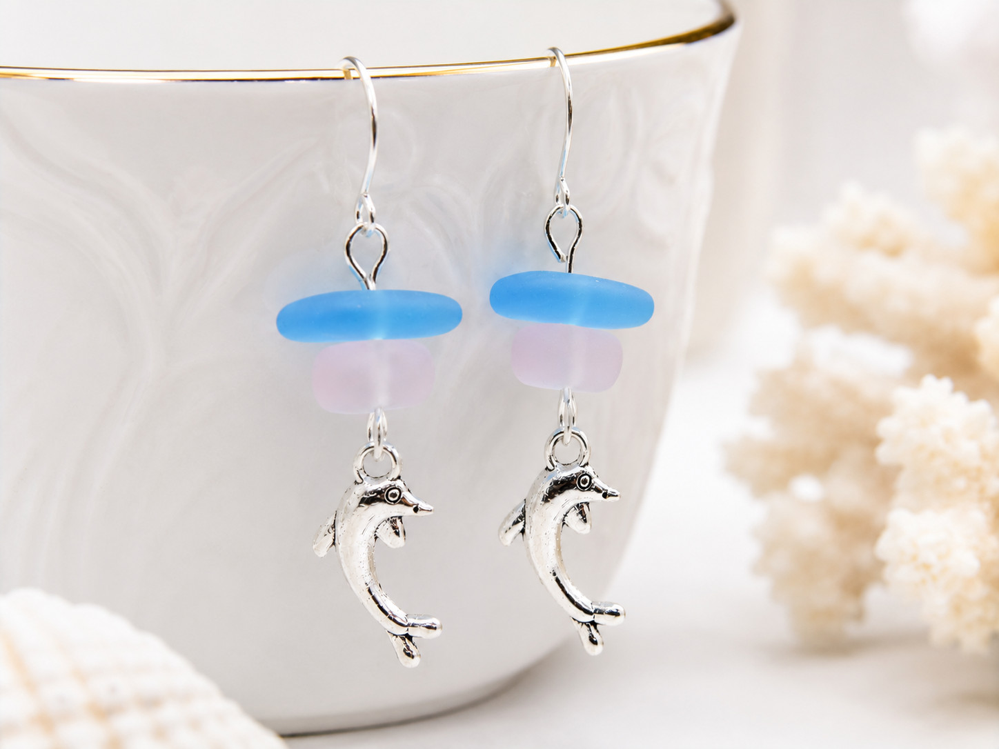 Dolphin Earrings Silver Charm Seaglass Jewelry Gift For Her