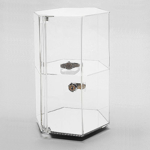 Acrylic Countertop Revolving Showcase Hexagonal w One Shelf 8 1/4″ x 12 7/8″H