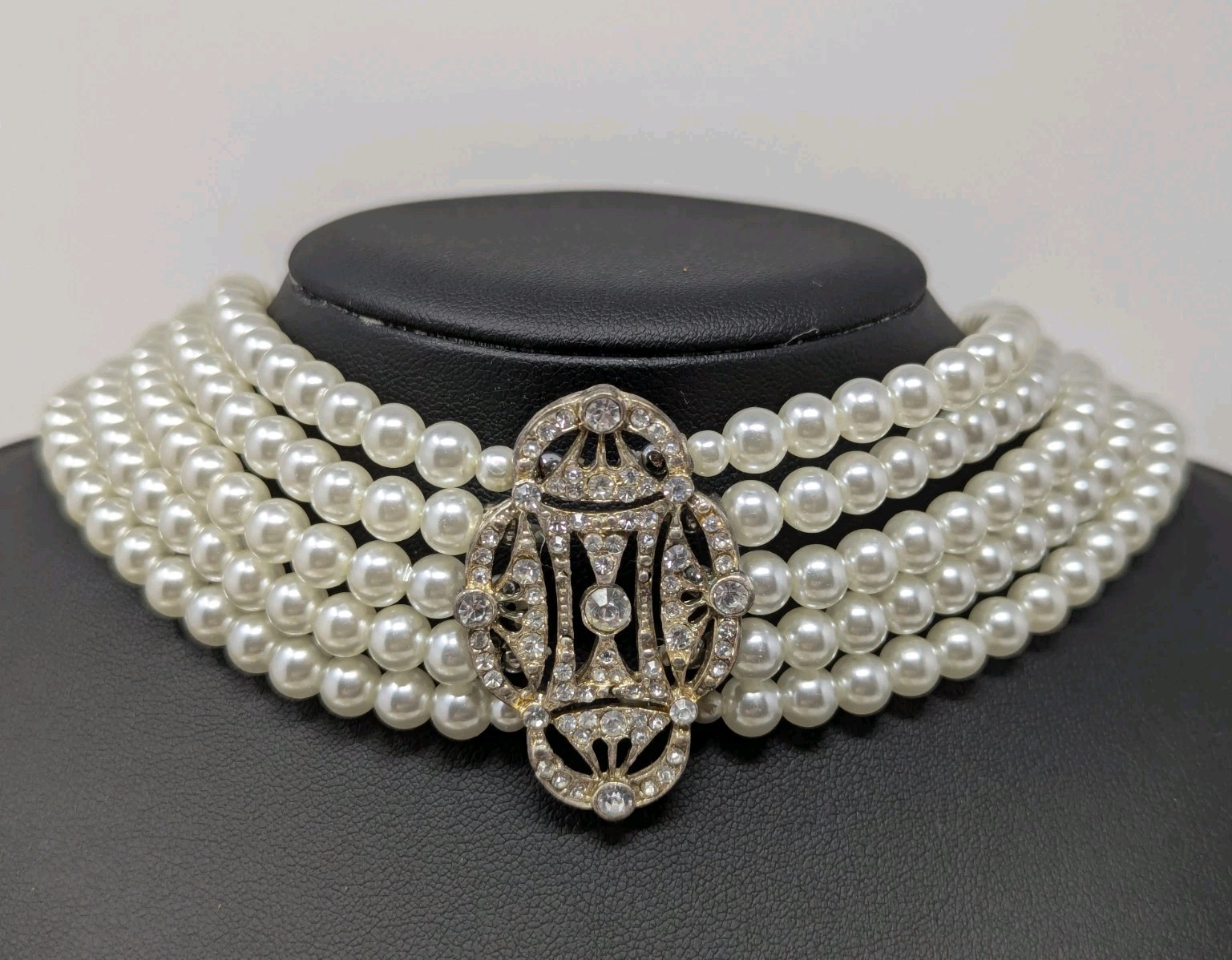 Vintage Faux Pearl Rhinestone Choker Art Deco Revival Statement Necklace