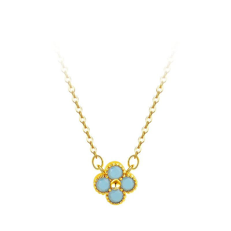 925 Sterling Silver Colorful AAA CZ Gold Clover Necklace Women Elegant Pendant