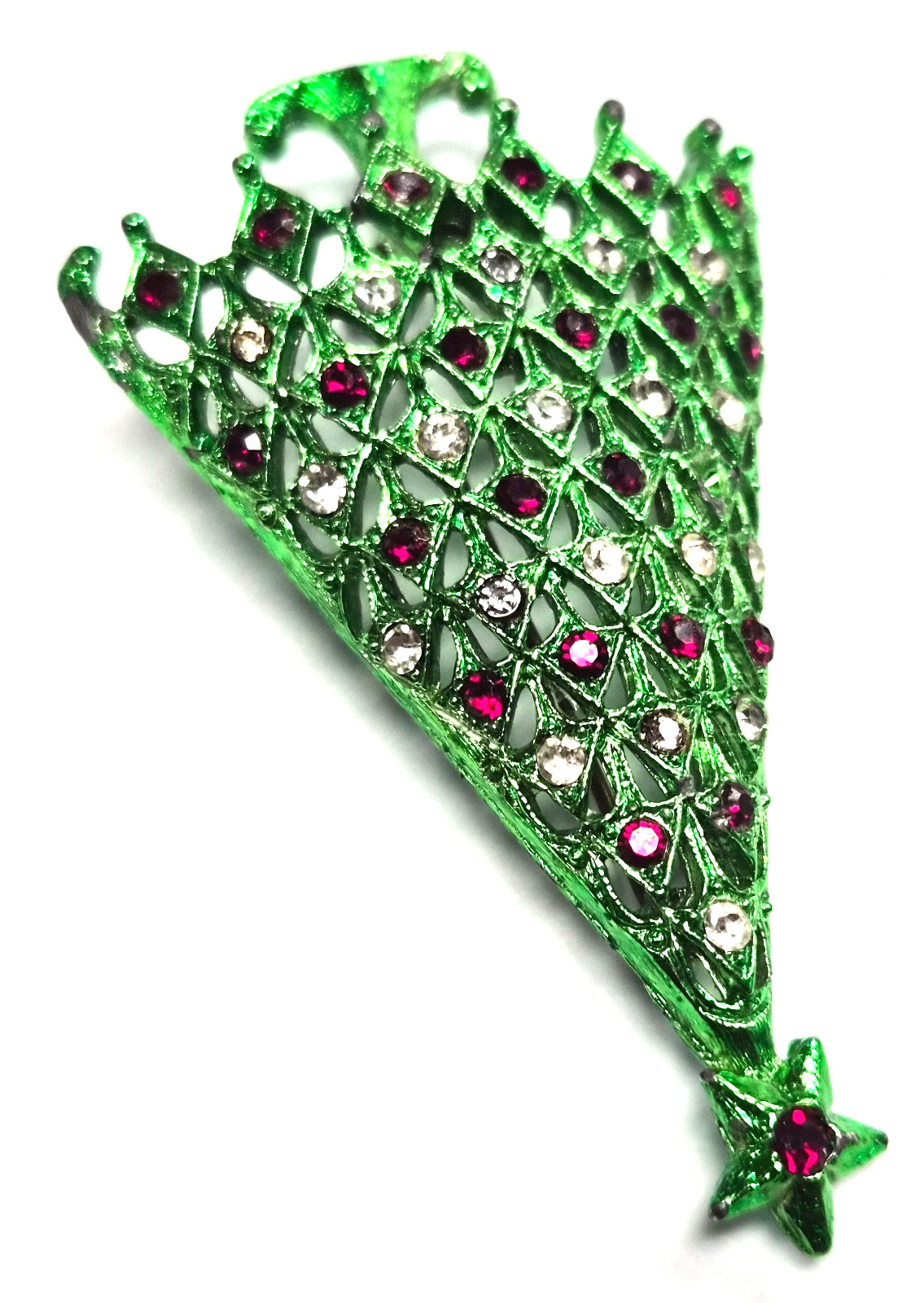Vintage 70’s Signed MYLU Green Enamel & Rhinestone Christmas Tree Pin / Brooch