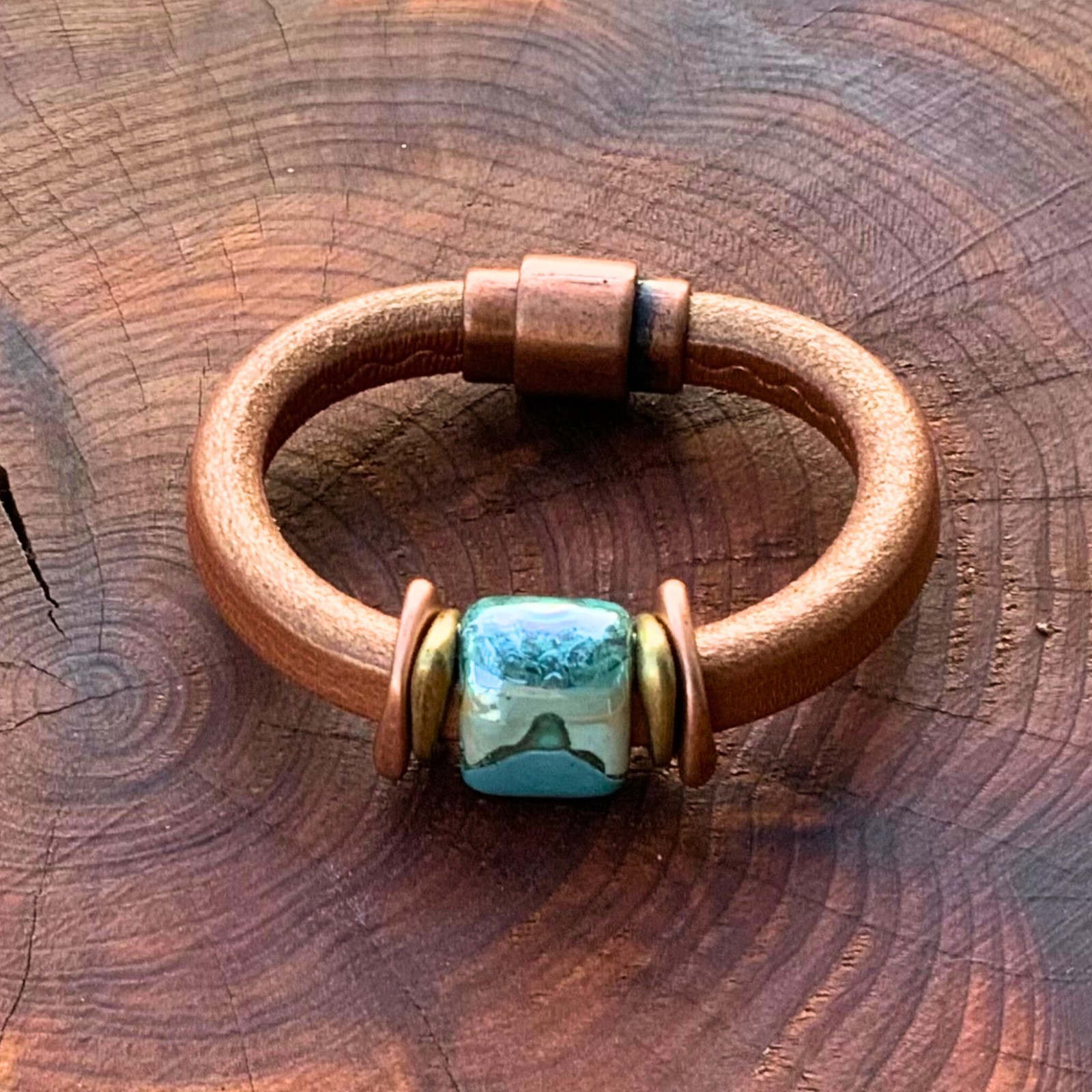 Artisan Leather Copper & Ceramic Cuff Bracelet Magnetic Closure