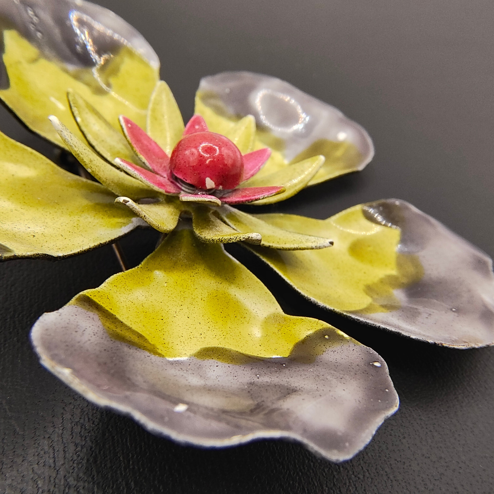 Vintage Hibiscus Flower Brooch Pin Enamel Black Gray Yellow Red 1960s-1970s MCM