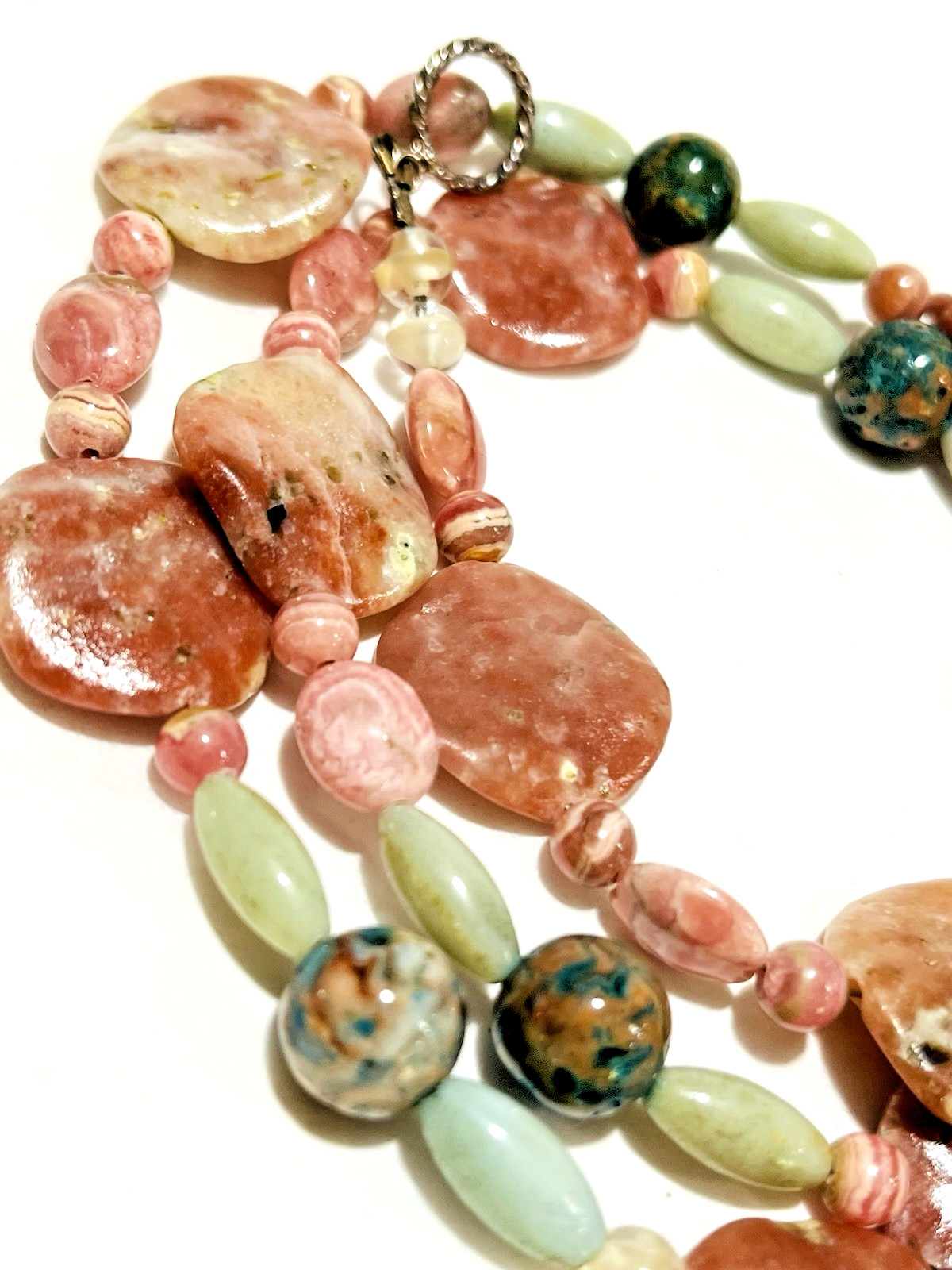 USA Artisan Pink Rhodonite Rippled Disc Bead Necklace 27″ Sterling Toggle Clasp