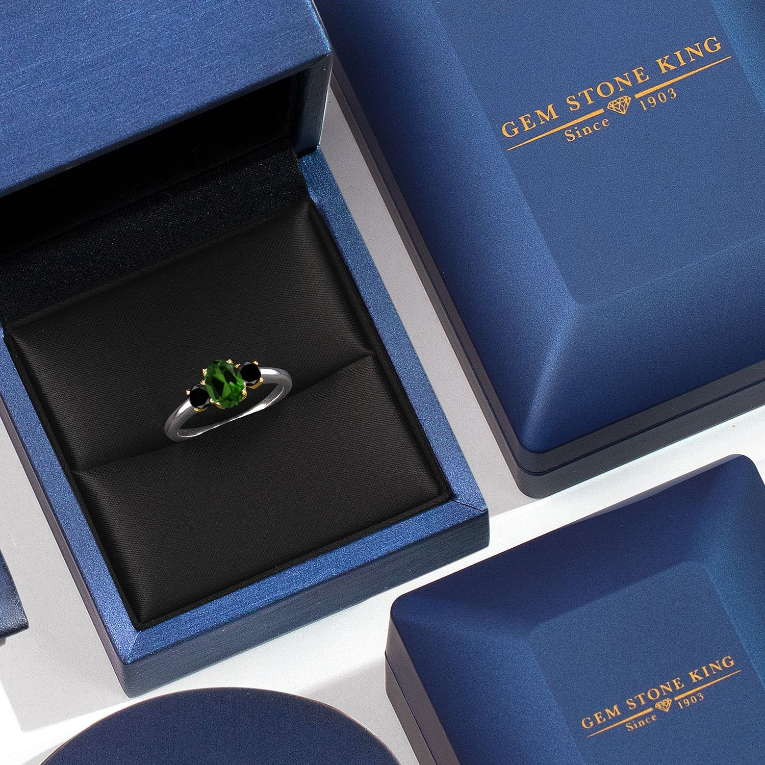 925 Silver and 10K Yellow Gold Green Chrome Diopside and Black Diamond