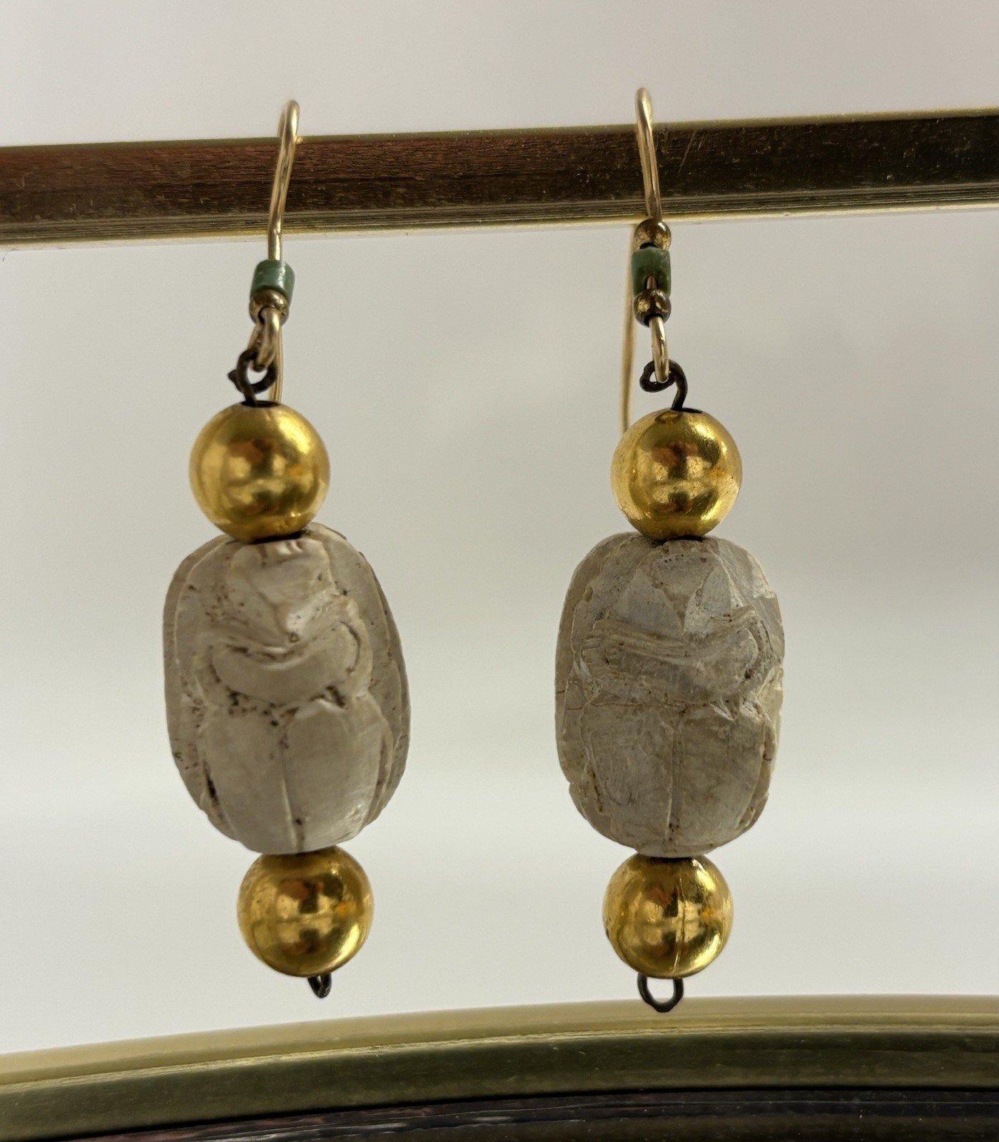 Egyptian Scarab-Style Dangle/Drop Hook Earrings, Gold Tone White Carved Beads