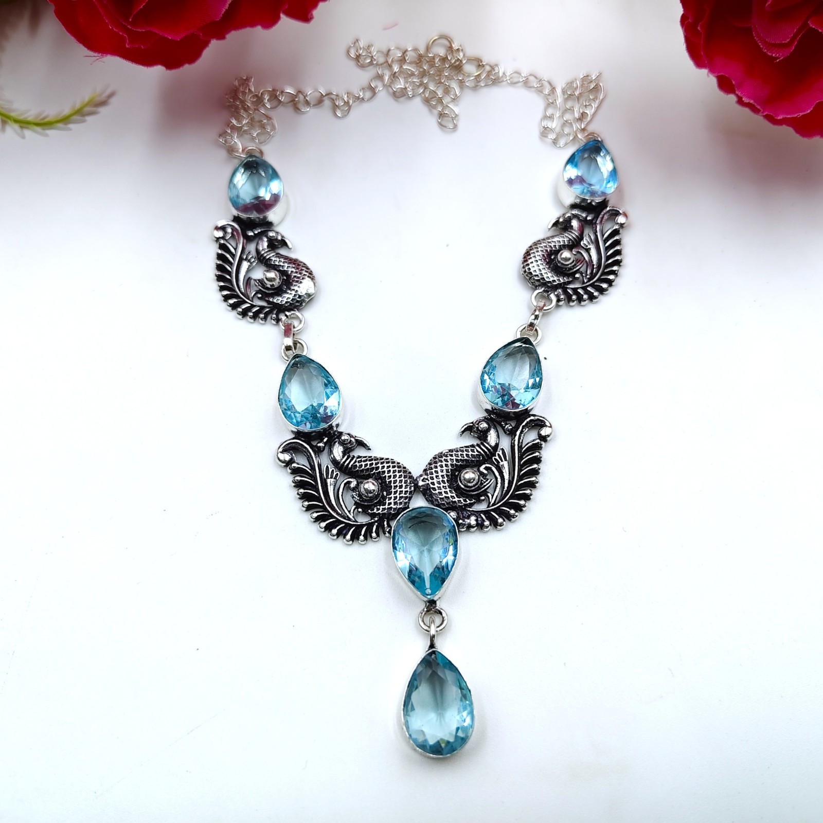 Blue Aquamarine Gemstone Handmade 925 Sterling Silver Jewelry Necklace Sz-17-18″
