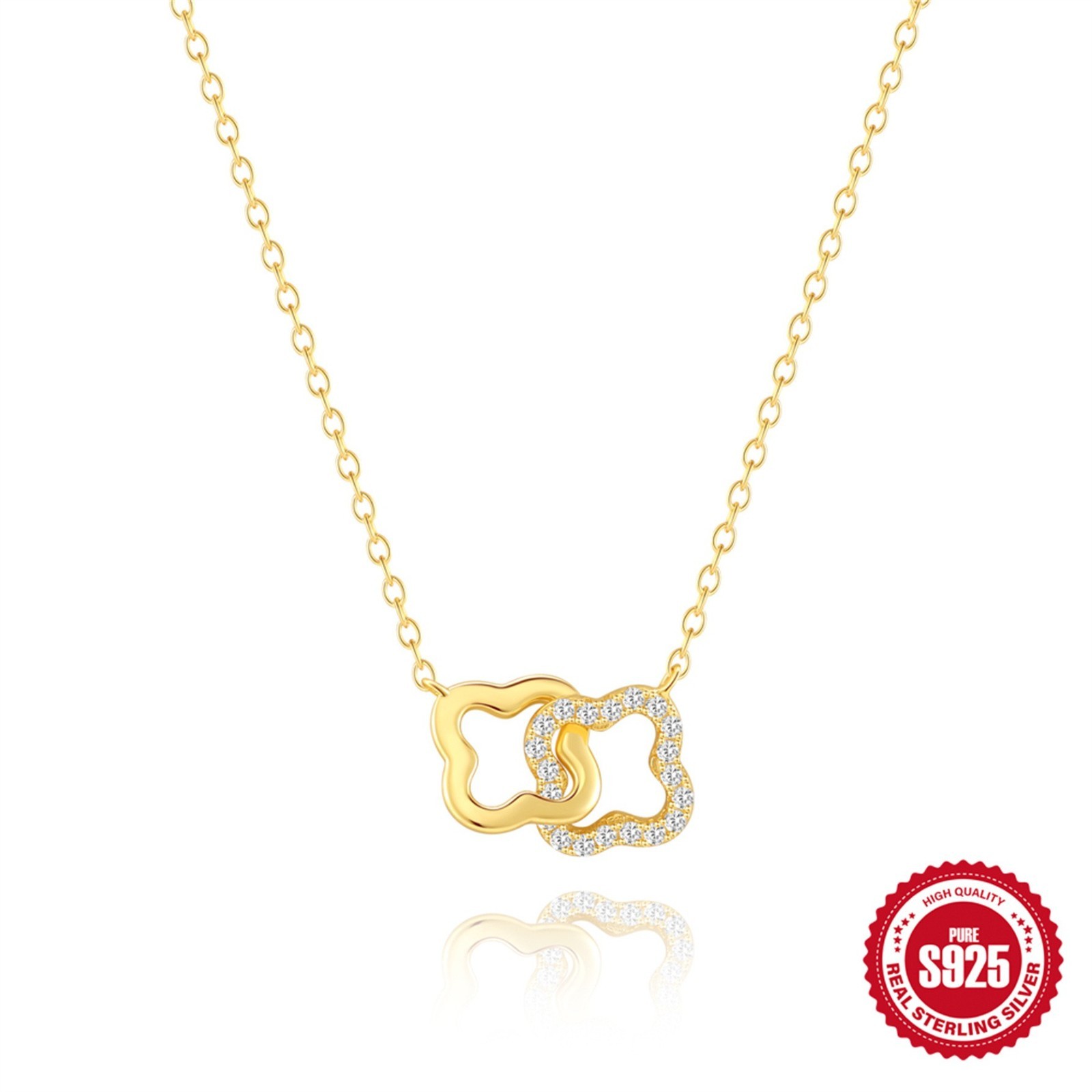 Gold Plated 925 Sterling Silver CZ Interlocking Clover Pendant Necklace