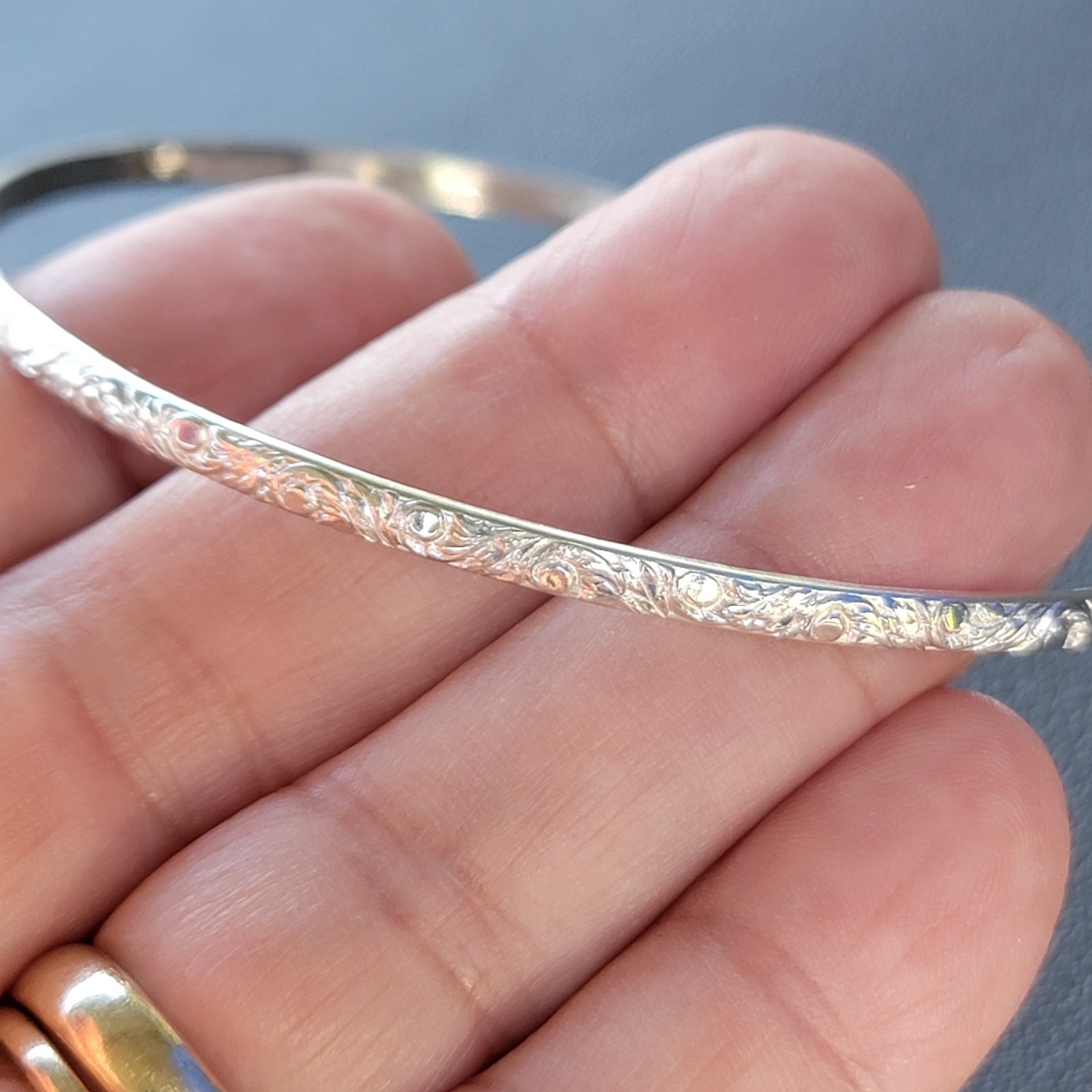 Vintage Sterling Silver 925 FANCY Bangle Bracelet Size 8.25″ 3.5mm