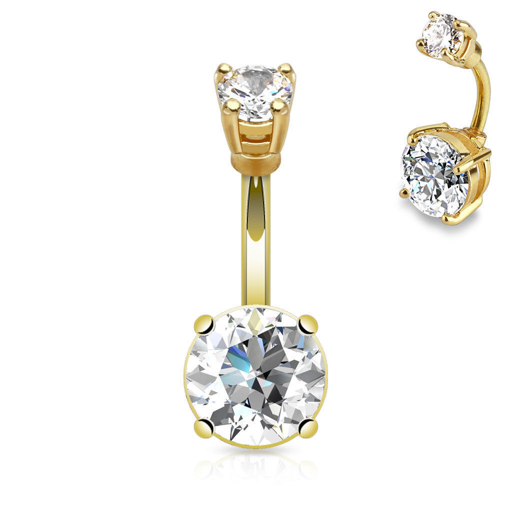 14G GOLD STEEL PRONG SET CLEAR DOUBLE CZ GEM BELLY BUTTON RING NAVEL BARBELL
