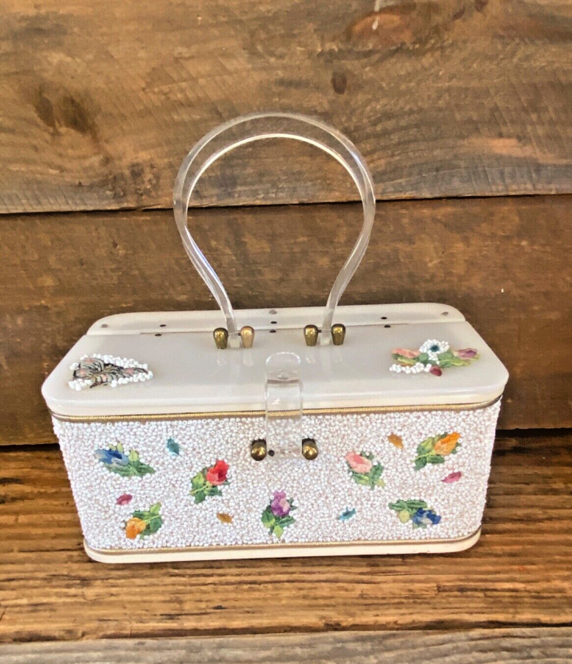 Vintage 50’s Midas of Miami Beaded Acrylic Lucite Purse Handbag Box