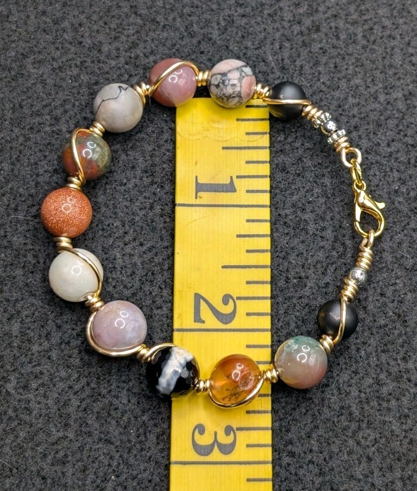 Women’s Fall Boho Gemstone 10mm Beaded Copper Wire Bracelet (16cm) Small Wrist