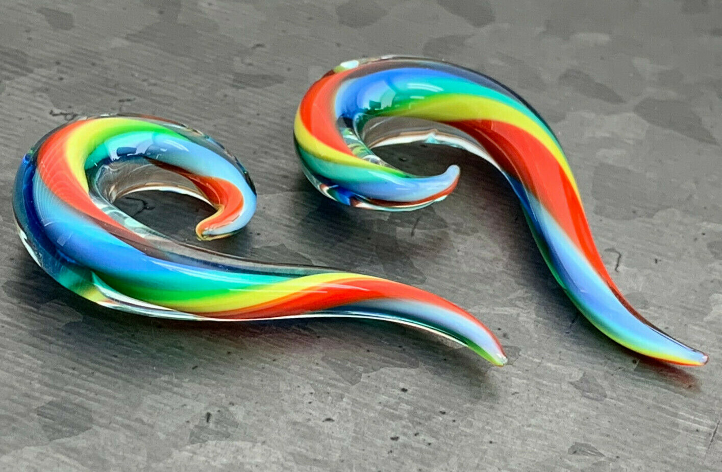 PAIR Rainbow Glass Spiral Hanging Tapers Expanders Plugs Gauges Body Jewelry