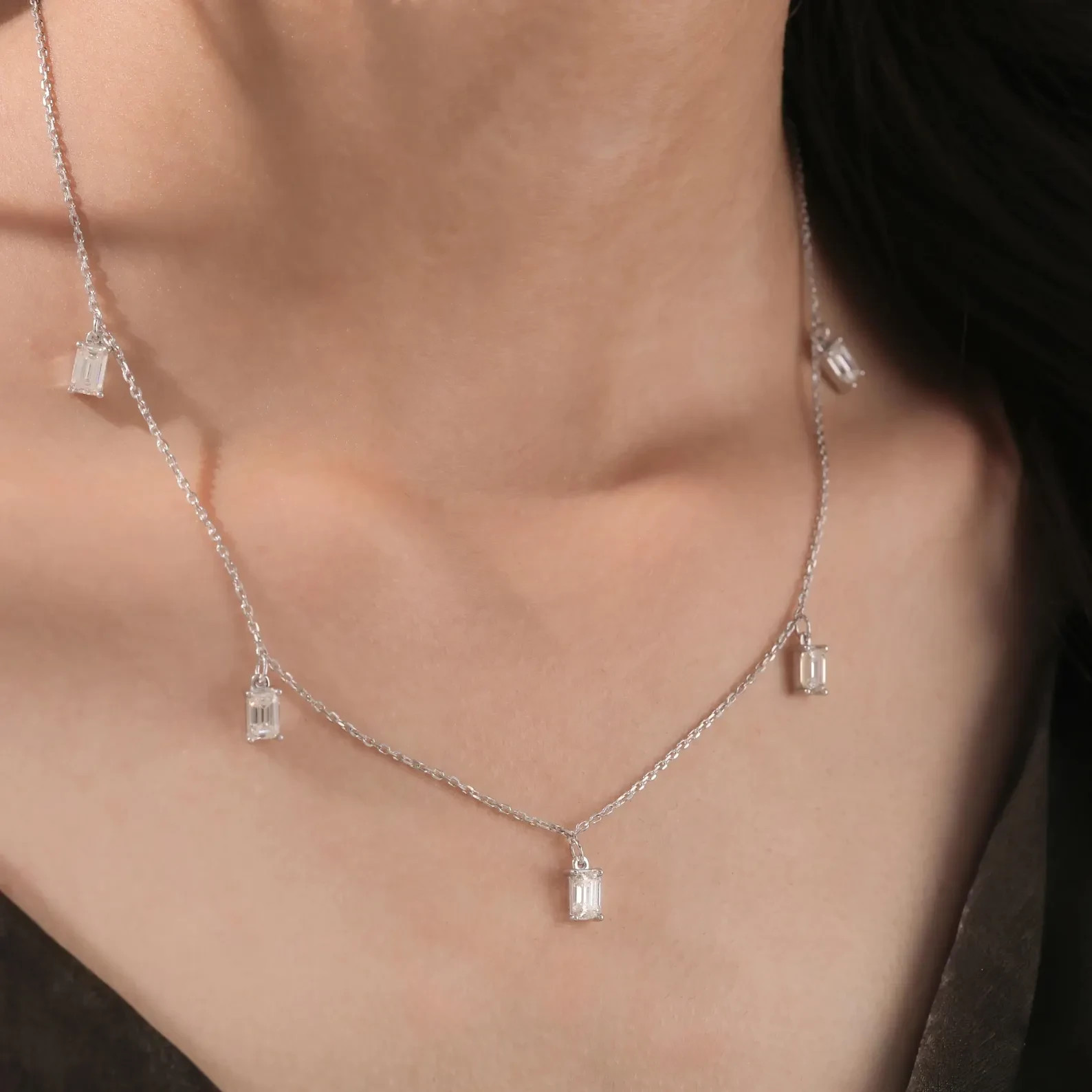 Emerald Lab Grown Diamond Layered Station Necklaces Chain 14k White Gold