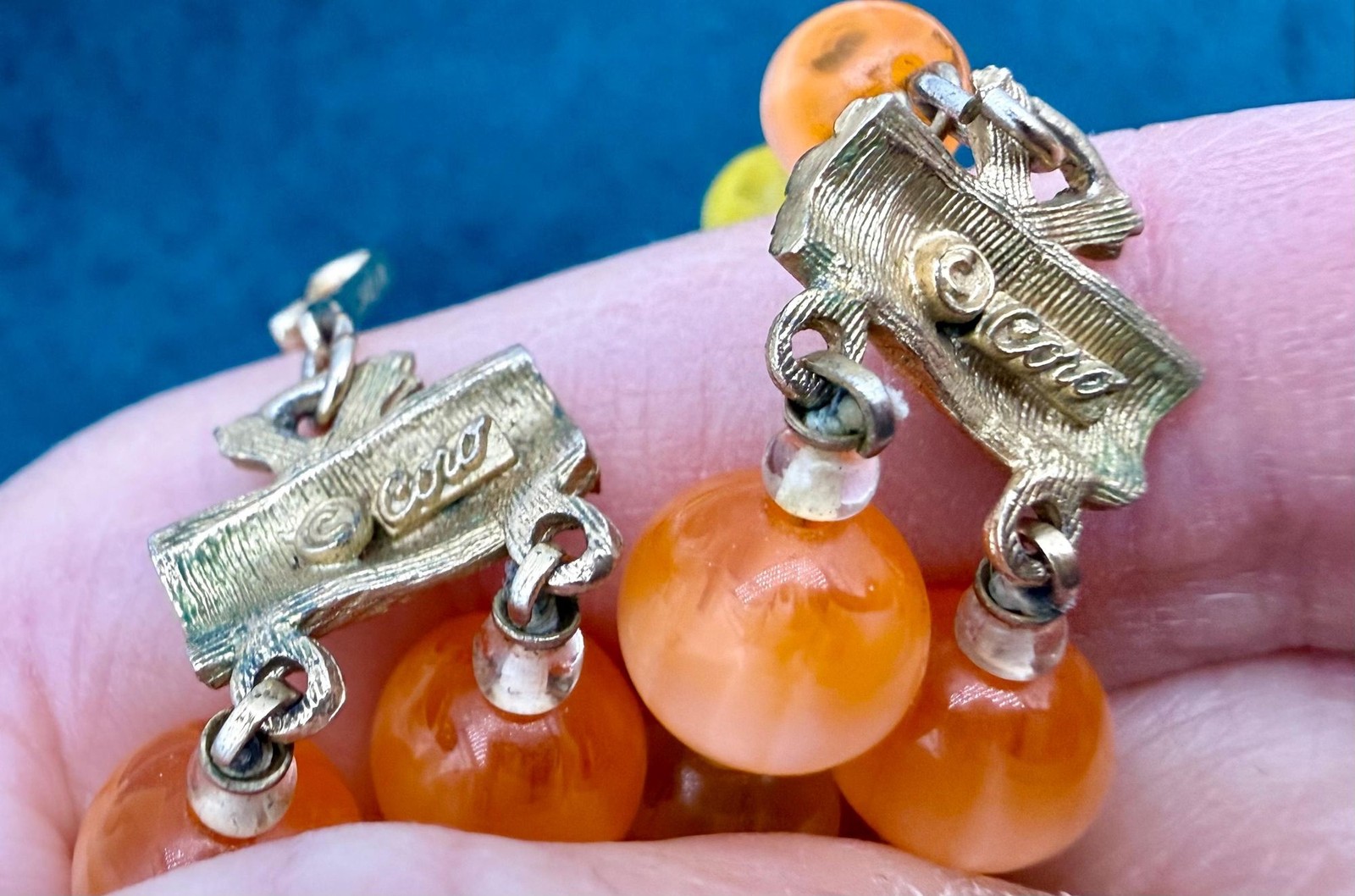 Vintage Coro Moonglow Lucite Necklace, 1950s Fruit Salad Beads, Orange Yellow Bu