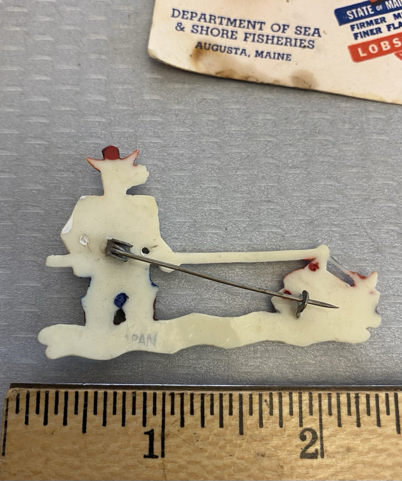 Vintage Celluloid Plastic Brooch Lot French Fisherman and Maine Red Lobster