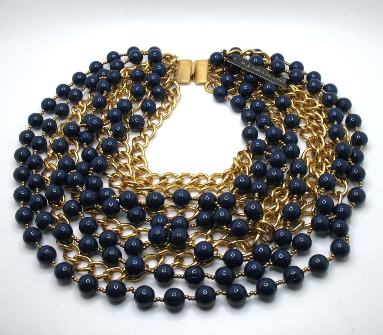 Vintage RJ Graziano 10-strand runway statement bib necklace Navy and goldtone