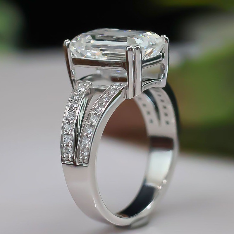 3.20TWC Emerald Cut Moissanite Split Shank Engagement Ring 14K White Gold Plated