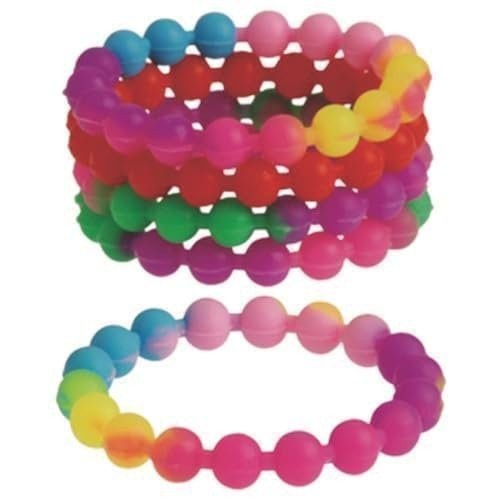 This 2-3/4-inch diameter bright, multi-colored, silicone bracelet has a slight s